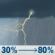 Today: Showers and thunderstorms between 11am and 5pm, then a chance of showers and thunderstorms. Mostly cloudy, with a high near 83. South southeast wind 0 to 10 mph. Chance of precipitation is 80%. New rainfall amounts less than a tenth of an inch possible. Today: Showers And Thunderstorms
